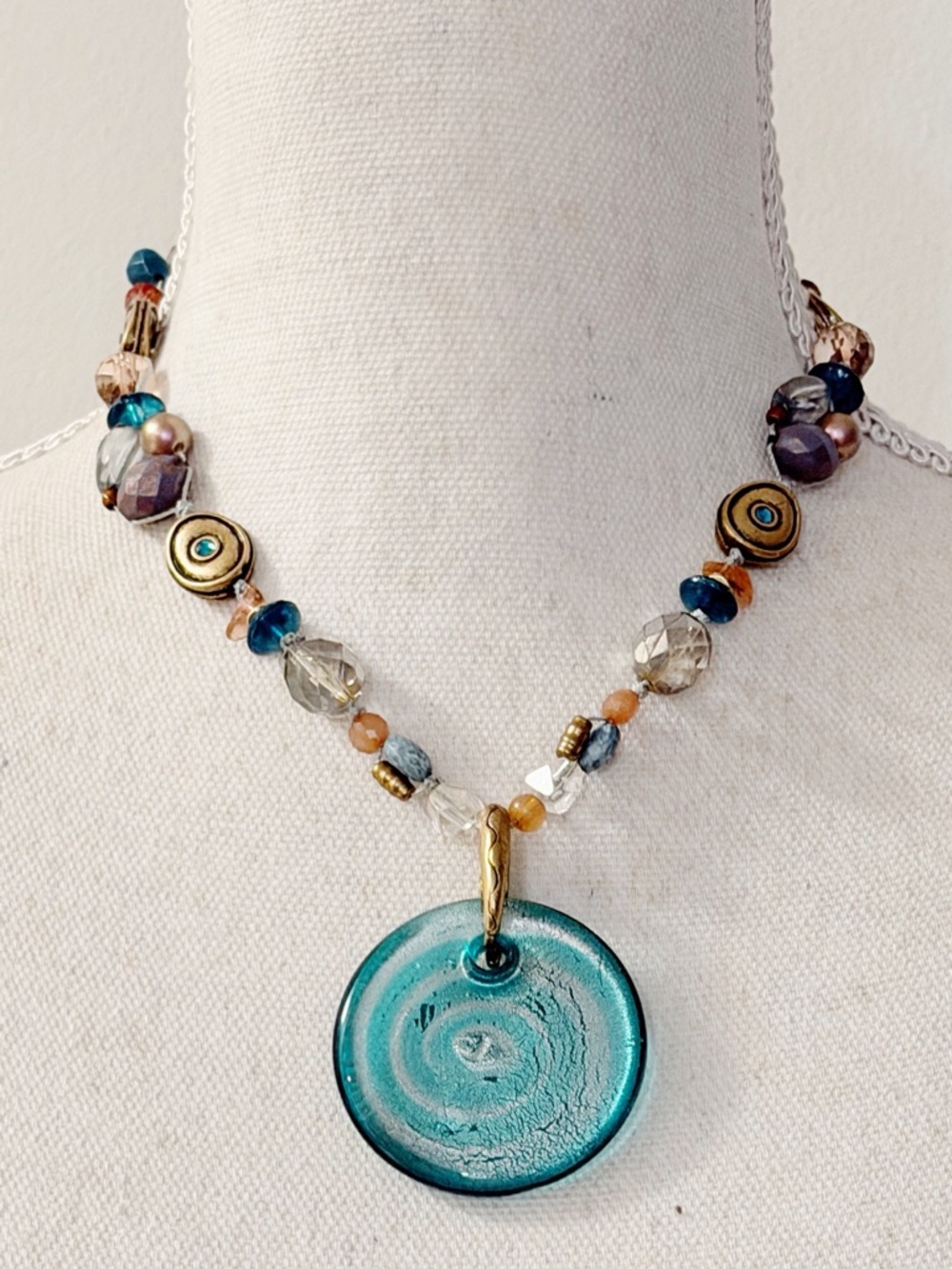 Chico's Gold-Tone Beaded Collared Necklace with Clear and Teal Jeweled Accents